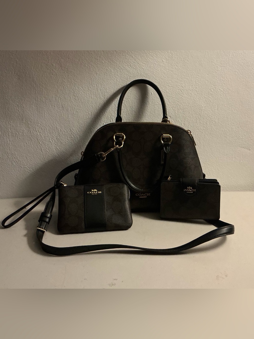 Coach Brown and Black Signature Dome Satchel with Wallet & Wristlet